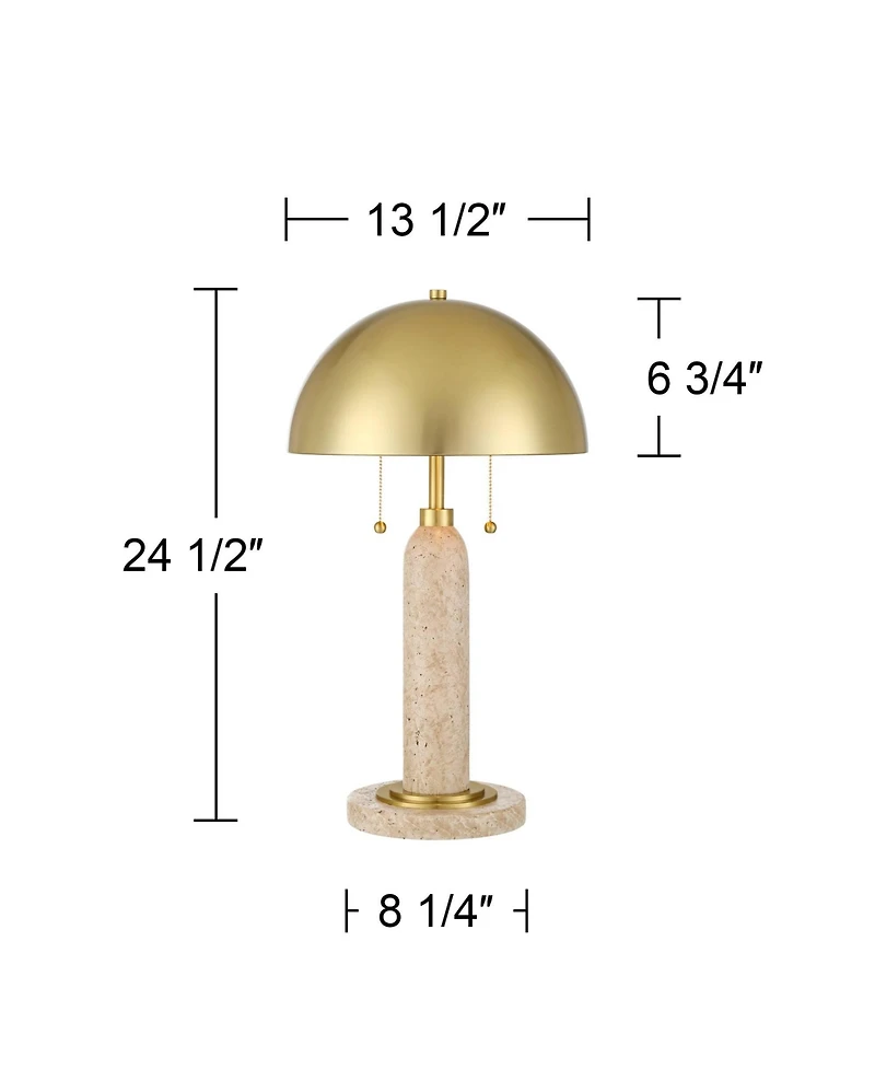 Possini Euro Design Chanterelle 24 1/2" High Mid Century Modern Table Lamp Pull Chain Beige Faux Stone Finish Brass Dome Shade