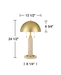 Possini Euro Design Chanterelle 24 1/2" High Mid Century Modern Table Lamp Pull Chain Beige Faux Stone Finish Brass Dome Shade