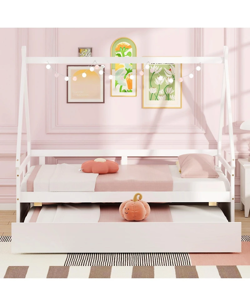 Gouun House Bed with Trundle and Safety Guardrail