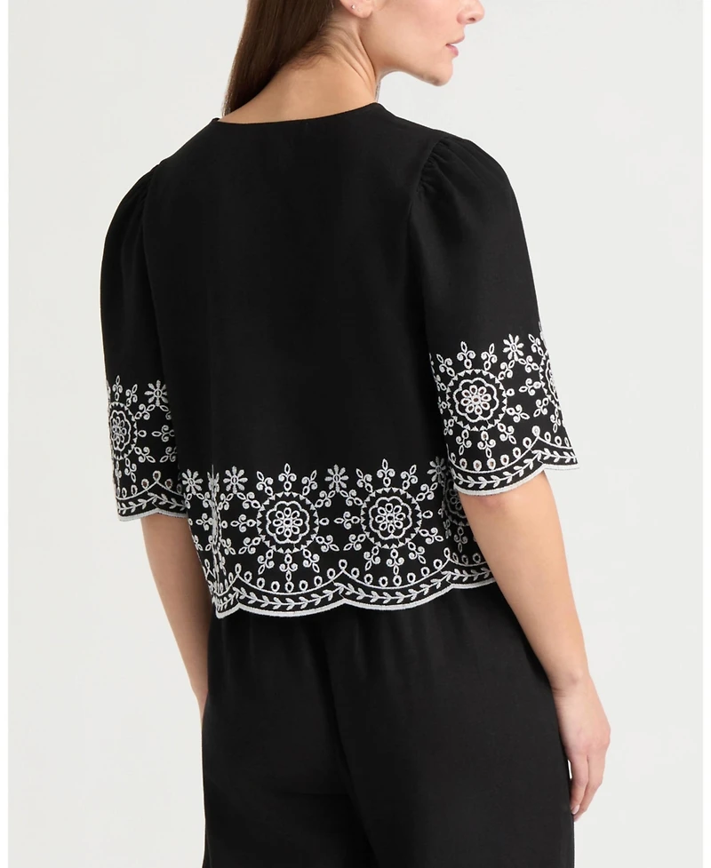 Ellen Tracy Women's 3 Front Tie Embroidered Top