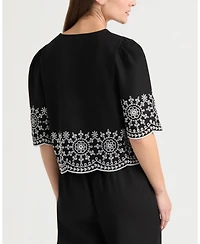 Ellen Tracy Women's 3 Front Tie Embroidered Top