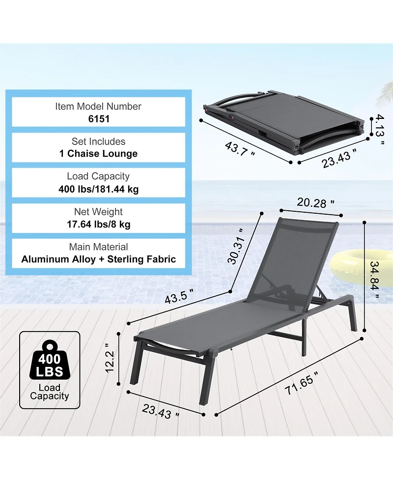 Clihome Chaise Lounge Chair Outdoor Patio Lounge Chair with Adjustable 5-Position