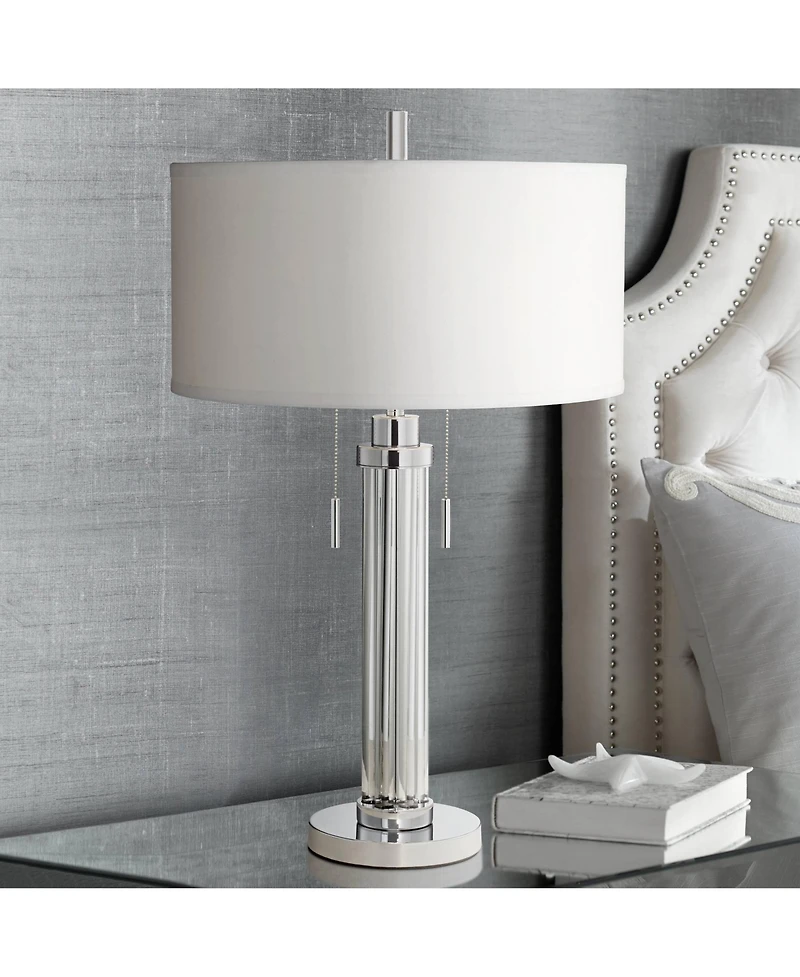 Possini Euro Design Modern Table Lamp 30" Tall with Usb Dimmer Linear Clear Glass Rod ] Linen Drum Shade for Bedroom Living Room House Bedside