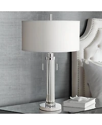 Possini Euro Design Modern Table Lamp 30" Tall with Usb Dimmer Linear Clear Glass Rod ] Linen Drum Shade for Bedroom Living Room House Bedside