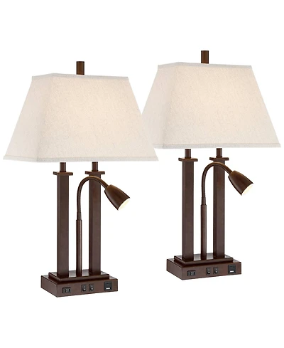Possini Euro Design Deacon 26" High Industrial Desk Lamps Set of 2 Usb Port Ac Power Outlet Gooseneck Bronze Finish Metal Charging