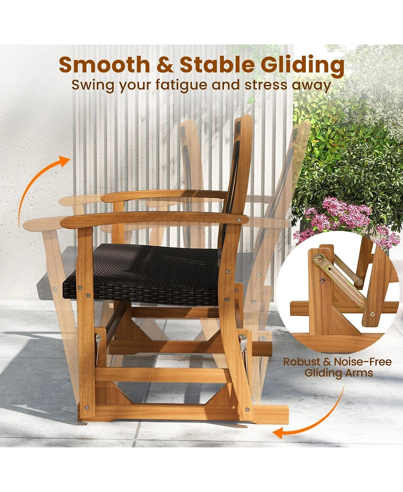 Sugift Patio Rattan Glider Bench for 2 with Acacia Wood Frame and Wicker Seat Back