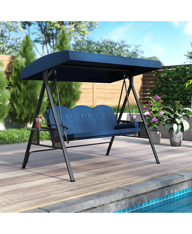 Sugift 3-Seat Patio Swing Chair Porch Swing with Adjustable Canopy Thickened Cushions Pillow and Foldable Side Trays