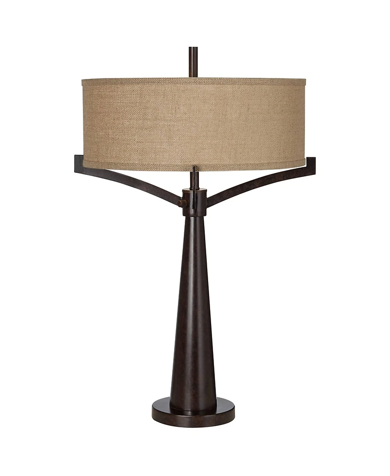Franklin Iron Works Tremont Industrial Table Lamp 31 1/2" Tall with Usb Dimmer Cord Burlap Fabric Drum Shade for Living Room