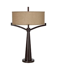 Franklin Iron Works Tremont Industrial Table Lamp 31 1/2" Tall with Usb Dimmer Cord Burlap Fabric Drum Shade for Living Room