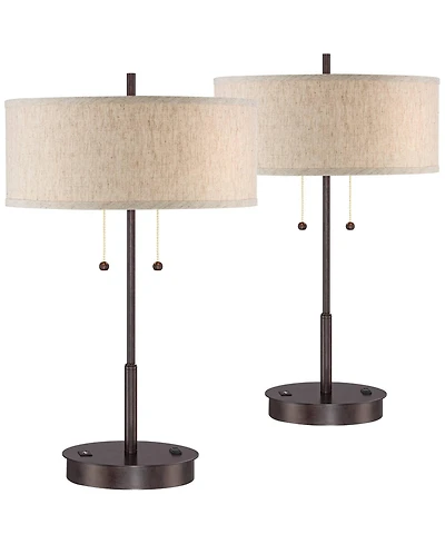 360 Lighting Modern Accent Table Lamps 23.5" High Set of 2 with Hotel Style Usb and Ac Power Outlet in Base Fabric Drum Shade for Living Room