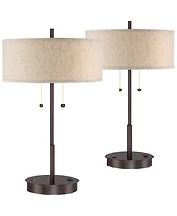 360 Lighting Modern Accent Table Lamps 23.5" High Set of 2 with Hotel Style Usb and Ac Power Outlet in Base Fabric Drum Shade for Living Room