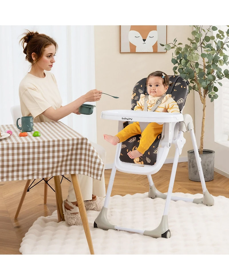 Gymax Toddler High Chair w/ 7 Height and 3 Footrest Adjustable Cup holder 2 Wheels