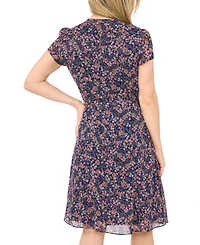 Msk Petite Floral Print Short-Sleeve Pintuck Dress