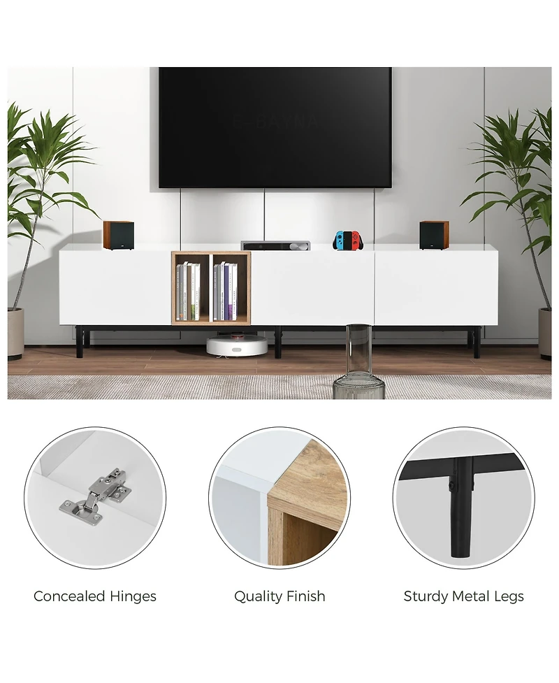 Rainsken Modern Tv Stand for 80'' Tv, Wooden Entertainment Center, Media Console with 3 Storage Cabinets and Open Shelves for Living Room