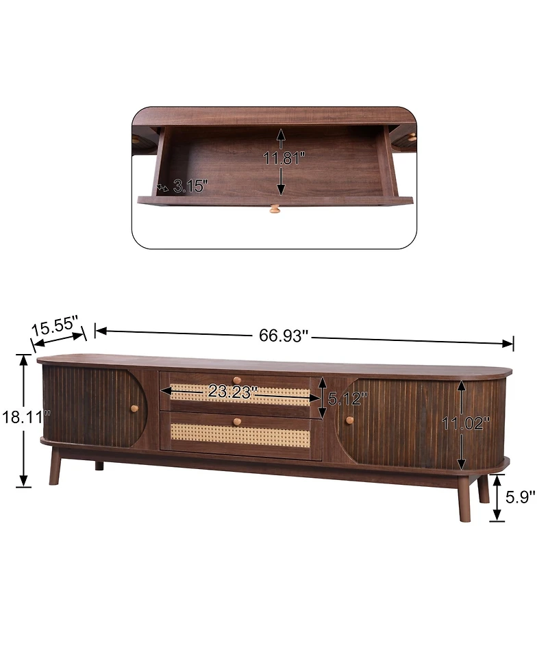 Rainsken Rattan Tv Stand for TVs up to 75'', Modern Farmhouse Media Console with Tambour Sliding Doors and Drawers, Media Console for Living Room