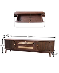 Rainsken Rattan Tv Stand for TVs up to 75'', Modern Farmhouse Media Console with Tambour Sliding Doors and Drawers, Media Console for Living Room