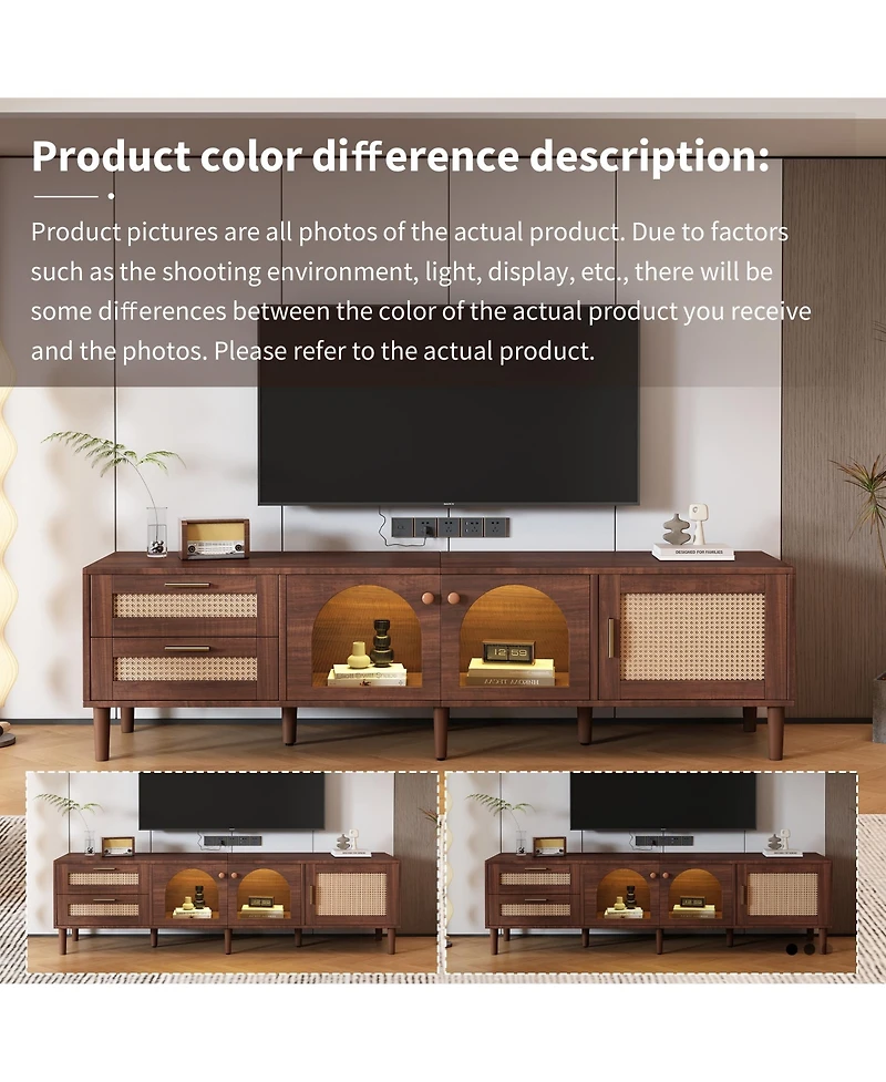 Rainsken Led Tv Stand for TVs up to 80'', Rattan Media Console Table, Entertainment Center with 3 Cabinets and 2 Drawers for Living Room