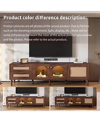 Rainsken Led Tv Stand for TVs up to 80'', Rattan Media Console Table, Entertainment Center with 3 Cabinets and 2 Drawers for Living Room