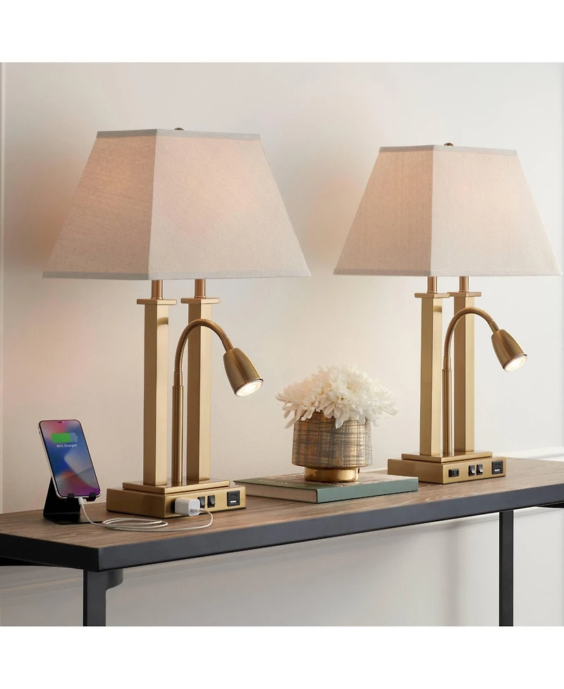Possini Euro Design Deacon 26" High Traditional Desk Lamps Set of 2 Usb Port Ac Power Outlet Gooseneck Brass Finish Metal Charging