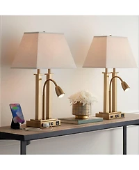Possini Euro Design Deacon 26" High Traditional Desk Lamps Set of 2 Usb Port Ac Power Outlet Gooseneck Brass Finish Metal Charging