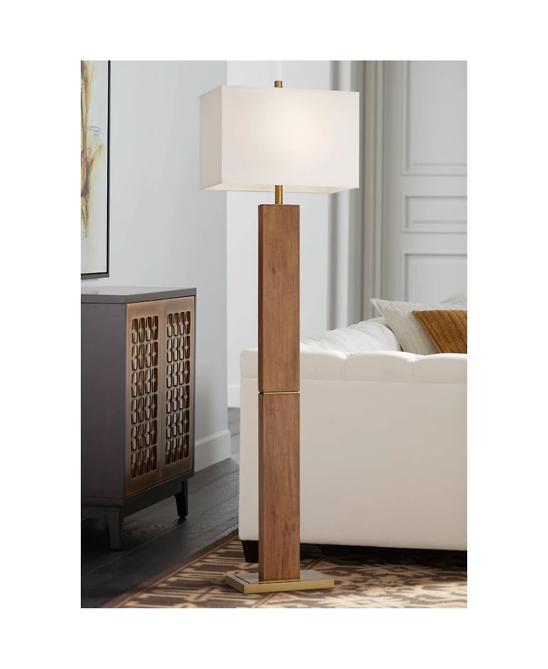 Possini Euro Design Walnut Grove Mid Century Modern 64" Tall Standing Floor Lamp Column with Dimmer Solid Wood Walnut Finish