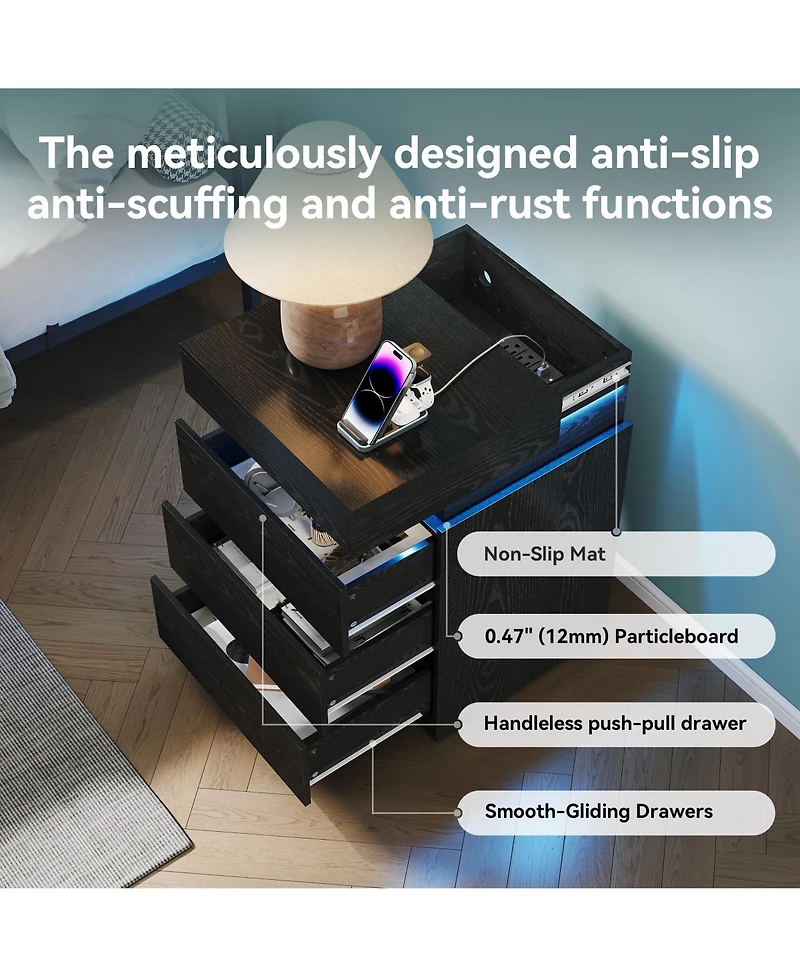 Rainsken Nightstand with Built-In Charging Station and Led Lighting, Modern Wooden End Side Table with 3-Drawer and Sliding-Top for Bedroom