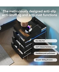 Rainsken Nightstand with Built-In Charging Station and Led Lighting, Modern Wooden End Side Table with 3-Drawer and Sliding-Top for Bedroom