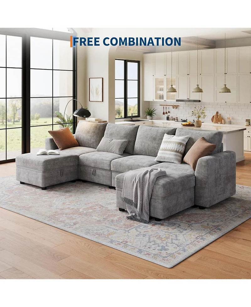 gaomon 141" Sectional Sofa, U-Shaped Cloud Couch with Storage and Ottoman, 6-Seat Chenille Sofa