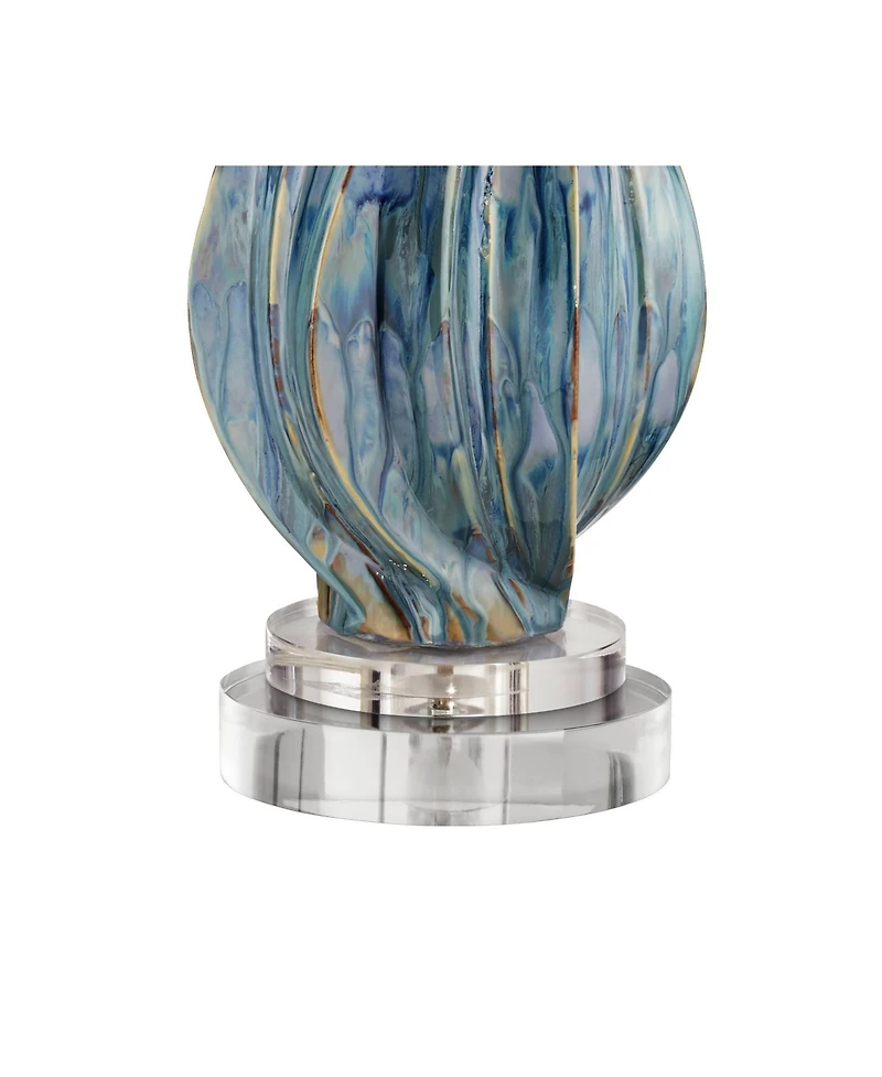 Possini Euro Design Teresa Modern Coastal Table Lamp with Round Riser 32 1/2" Tall Teal Drip Ceramic Drum Shade for Bedroom Living Room