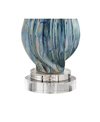 Possini Euro Design Teresa Modern Coastal Table Lamp with Round Riser 32 1/2" Tall Teal Drip Ceramic Drum Shade for Bedroom Living Room