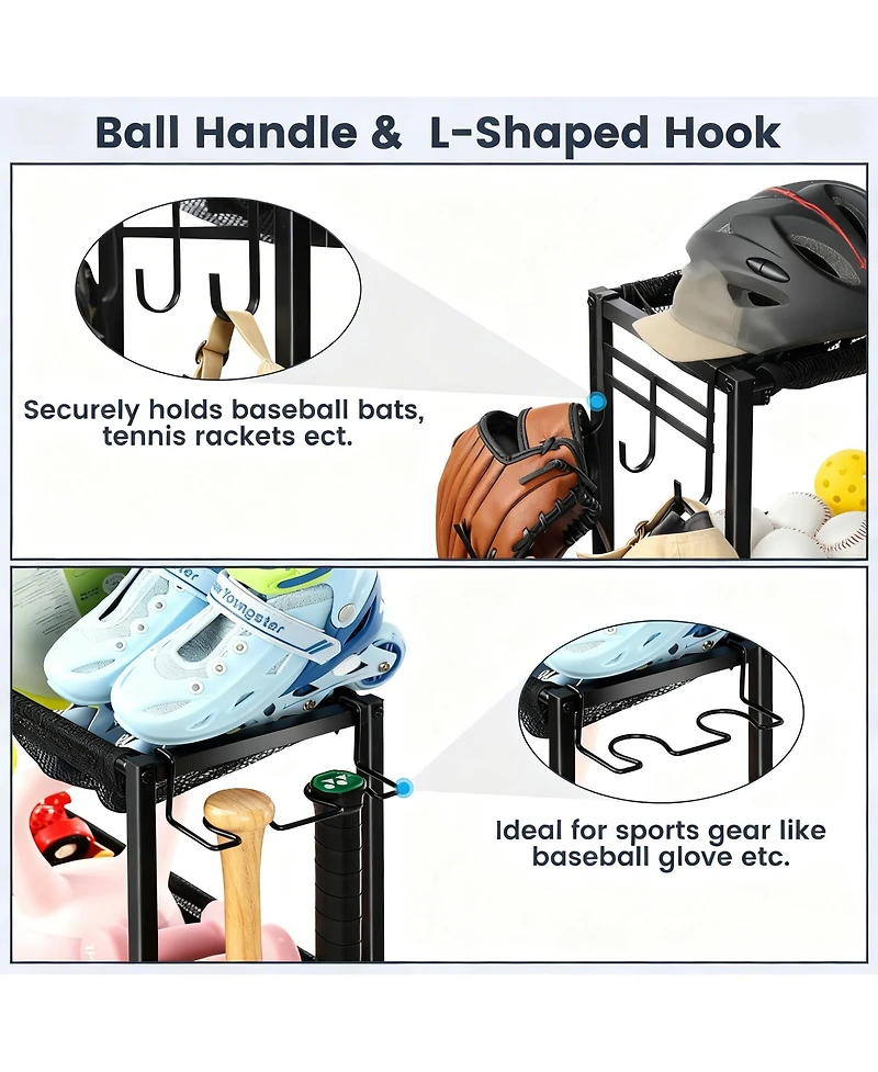 Yigii Organizer 37 Gallon Ball Storage Bin Steel shelf Baskets Hooks Elastic Straps Wheels