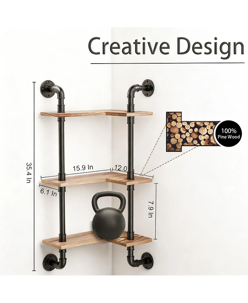 Yigii Industrial Pipe Shelving Pine Wood Floating Bathroom Shelves Wall Mounted L Shaped Corner Shelf