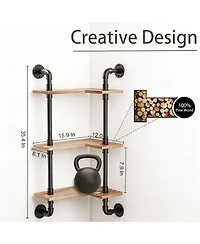 Yigii Industrial Pipe Shelving Pine Wood Floating Bathroom Shelves Wall Mounted L Shaped Corner Shelf