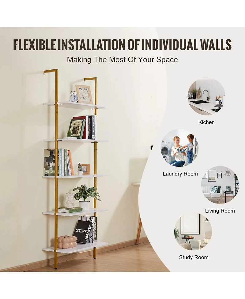 Gouun 5 Tier Ladder Shelf Wall Mounted Bookshelf with Metal Frame