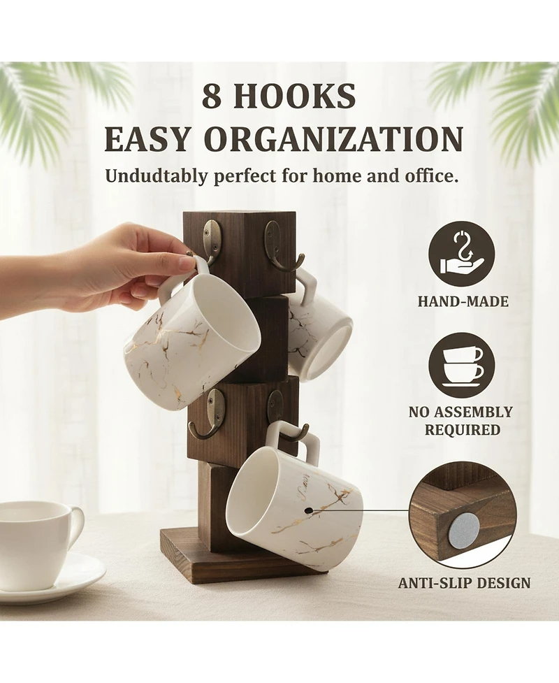 Yigii Rustic Solid Wood Coffee Mug Holder Tree 8 Hooks Farmhouse Cup Rack