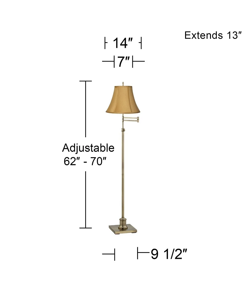 360 Lighting Traditional Swing Arm Floor Lamp Adjustable Height 70" Tall Antique Brass Coppery Fabric Bell Shade Living Room Reading