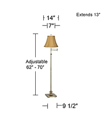 360 Lighting Traditional Swing Arm Floor Lamp Adjustable Height 70" Tall Antique Brass Coppery Fabric Bell Shade Living Room Reading