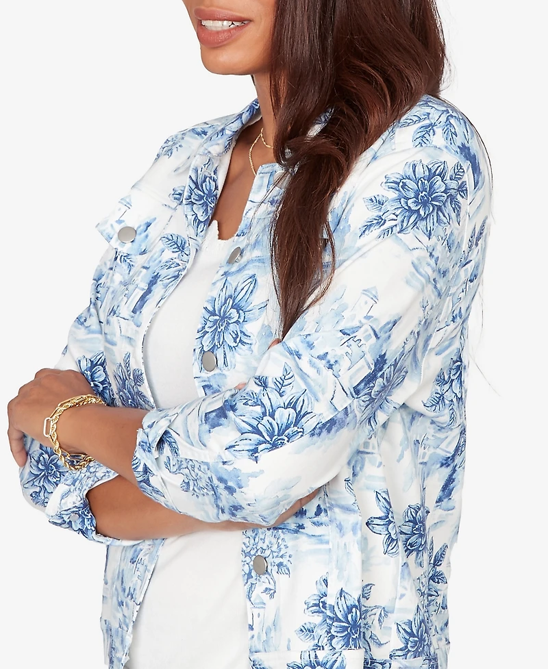 Ruby Rd. Petite Toile Print Button-Front Denim Jacket