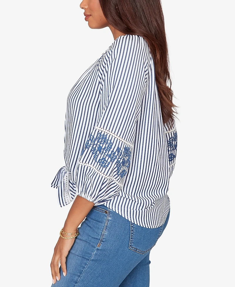 Ruby Rd. Petite Embroidered Seersucker Tie-Front Henley Top
