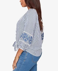 Ruby Rd. Petite Embroidered Seersucker Tie-Front Henley Top