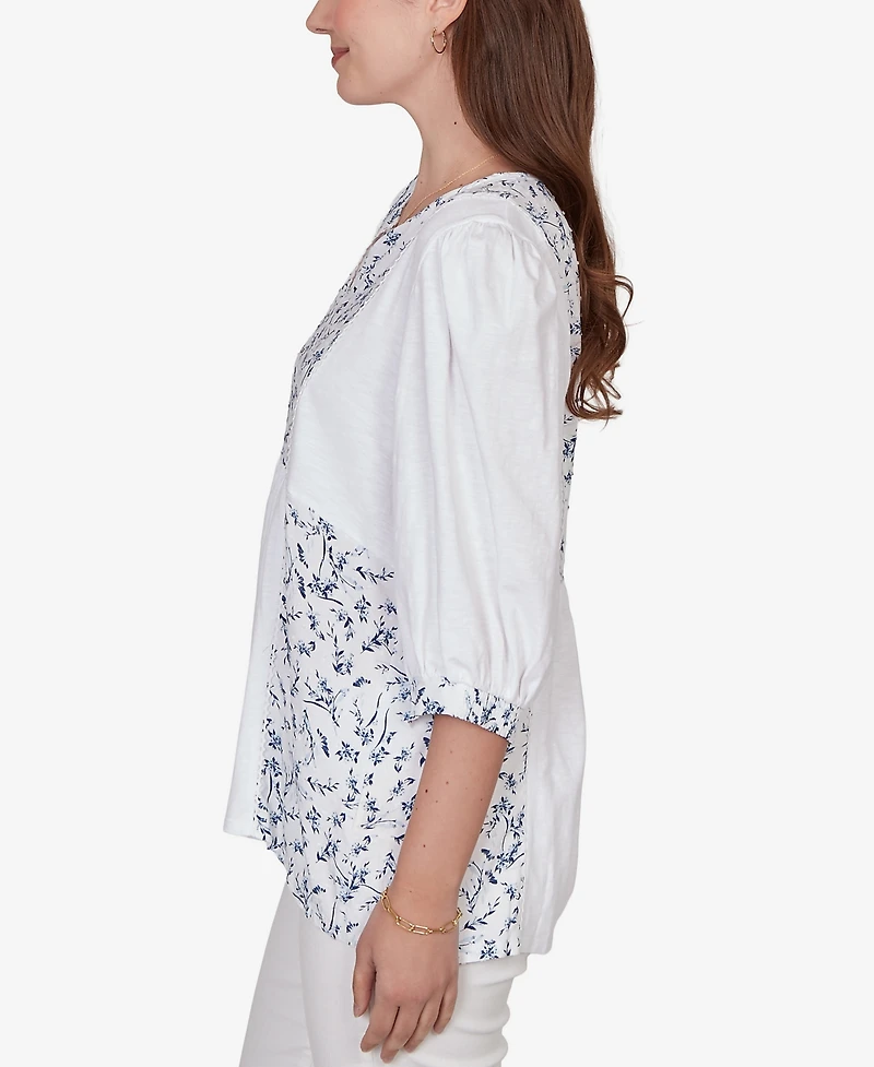 Ruby Rd. Petite Mixed Fabric Sharkbite Knit Top