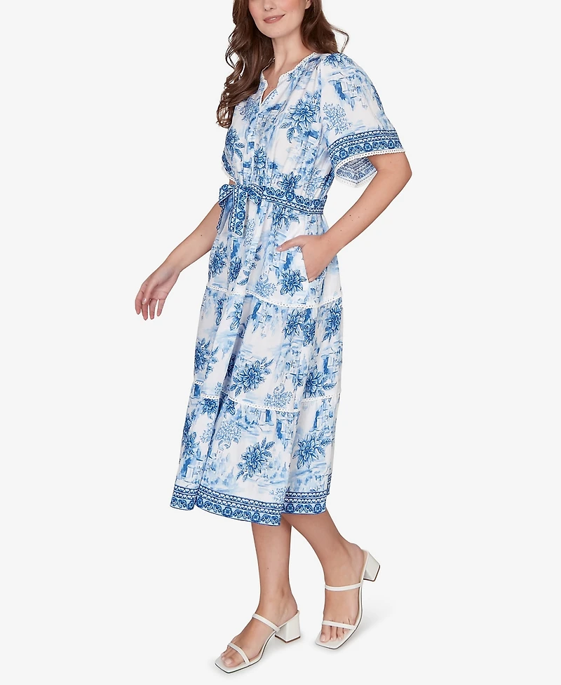 Ruby Rd. Petite Floral Toile Tie-Waist Tiered Dress