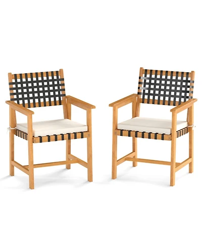 Gouun Set of 2 Woven Rope Acacia Wood Outdoor Dining Chairs with Cushions and Armrests