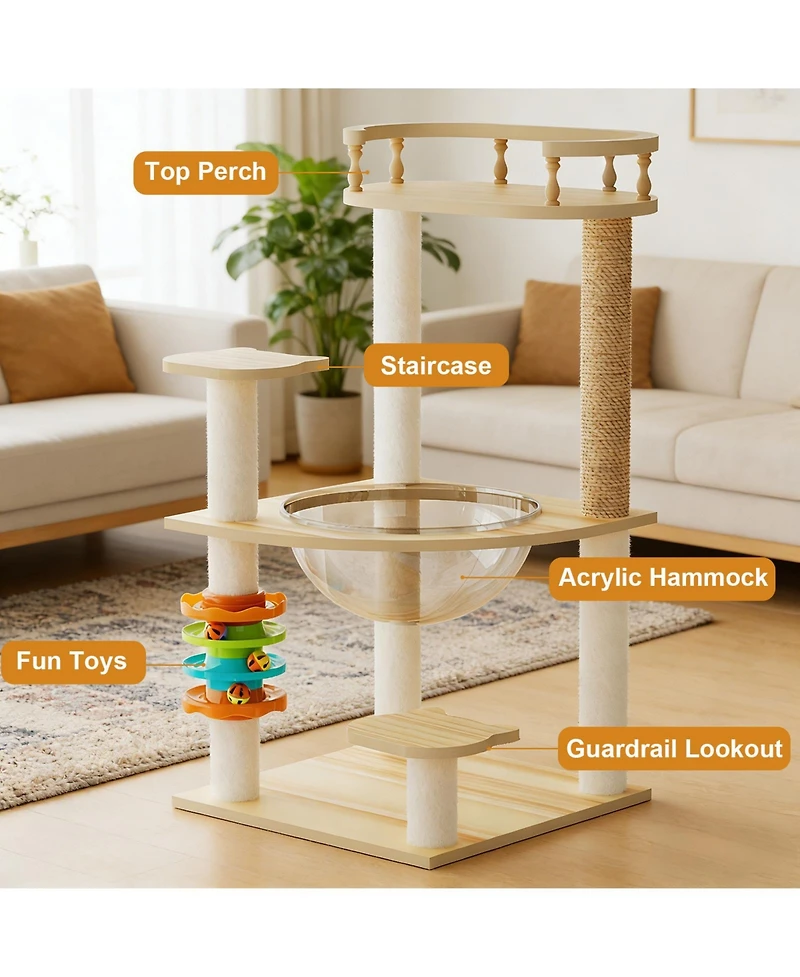 Zeus & Ruta 32.2 in. Modern Cat Tree Tower With Sisal Scratching Post Acrylic Hammock snd Toys For Indoor Cats