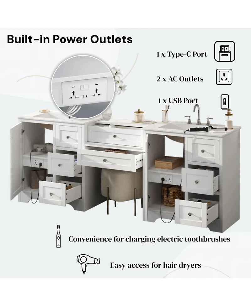 Busdays Double-Sink Bathroom Vanity, 2 Ceramic Sinks with Engineered Stone Countertop, Silver Knobs, 6 Soft-Close Drawers