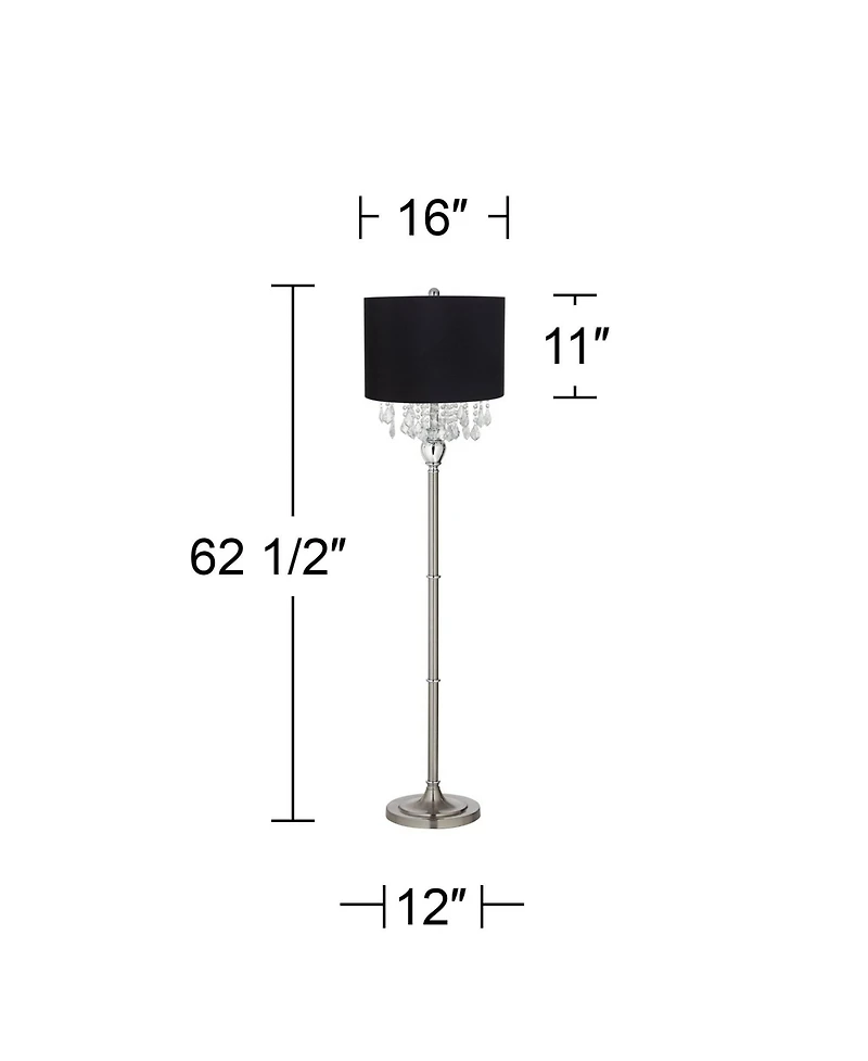 360 Lighting Modern Floor Lamp 62.5" Tall Satin Steel Chrome Crystal Chandelier Fabric Drum Shade for Living Room Reading Bedroom