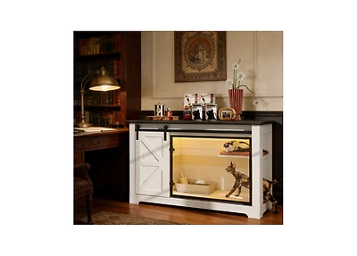 Zeus & Ruta 46 in. Farmhouse Cat Litter Box Enclosure with Sliding Barn Door Hidden Cat Cabinet with Led Light Storage