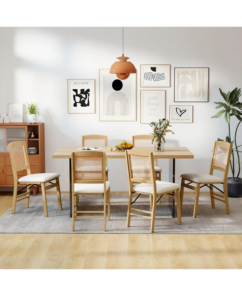 Gouun Set of 2 Folding Rubber Wood Dining Chairs with Rattan Back and Linen Padded Seat