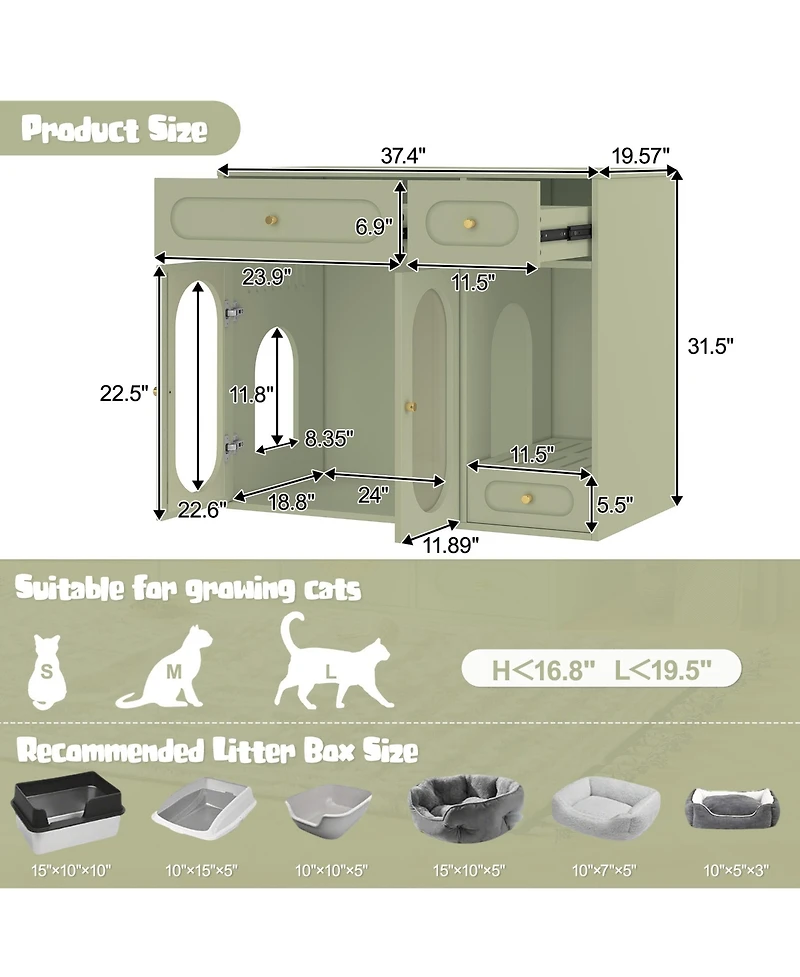 Zeus & Ruta Cat Litter Box Enclosure with Led Light, Storage Drawers and Acrylic Doors
