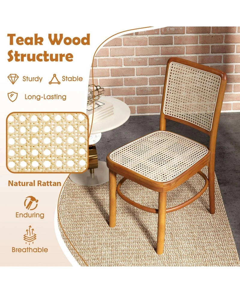 Gouun Set of 2 Boho Rattan Dining Chairs with Teak Wood Frame and Footrests
